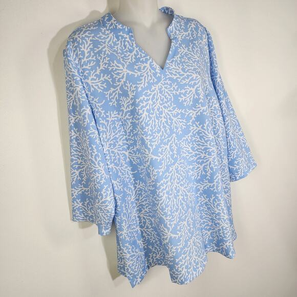 Denim & Co. Womens Printed V-Neck 3/4-Sleeves Tunic Top Chambray Blue Size Large - Picture 4 of 9